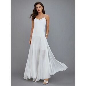 Commense Elegant White Pleated Maxi Dress Spaghetti Strap Flowy Formal Evening S